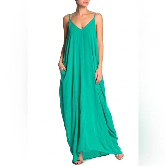 LOVESTITCH Bright Emerald Green Gauze Boho Maxi Dress Pockets M L Adjustable NWT - Picture 1 of 9